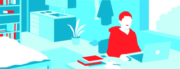 Die Illustration zeigt ein Studentenapartment, in dem ein Studierender am Schreibtisch arbeitet.