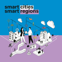 Grafik, die die Vermetzung von Menschen, Verkehrsmitteln, Orten und Gebäuden darstellt. Text: Smart cities smart regions. Veranstaltung "Zukunft Städtebau und Digitalisierung"
