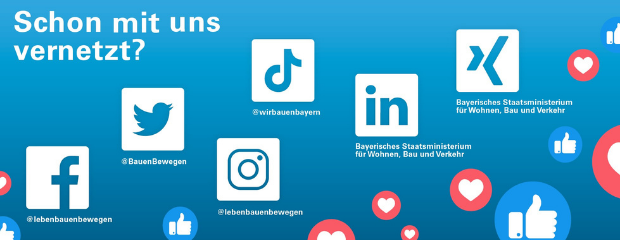 Die Social Media-Kanäle des StMB, dargestellt als Logos mit dem jeweiligen Kanalnamen