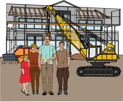 Familie vor einem Wohnhaus, das gerade gebaut wird