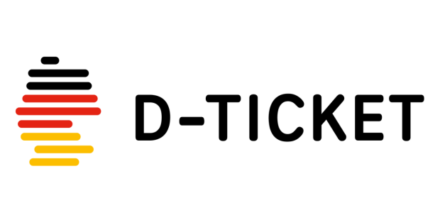 Logo des Deutschlandtickets: Die Form Deutschlands ausgefüllt mit horizontalen Strichen in Schwarz - Rot - Gelb. Daneben Text: D-Ticket - © Transdev Vertrieb GmbH