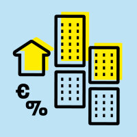 Logo mit stilisierten Häusern mit Flachdach, davon zwei gelb hinterlegt. Ein stilisiertes Haus mit Giebeldach, ebenfalls gelb hinterlegt. Große €- und %-Zeichen